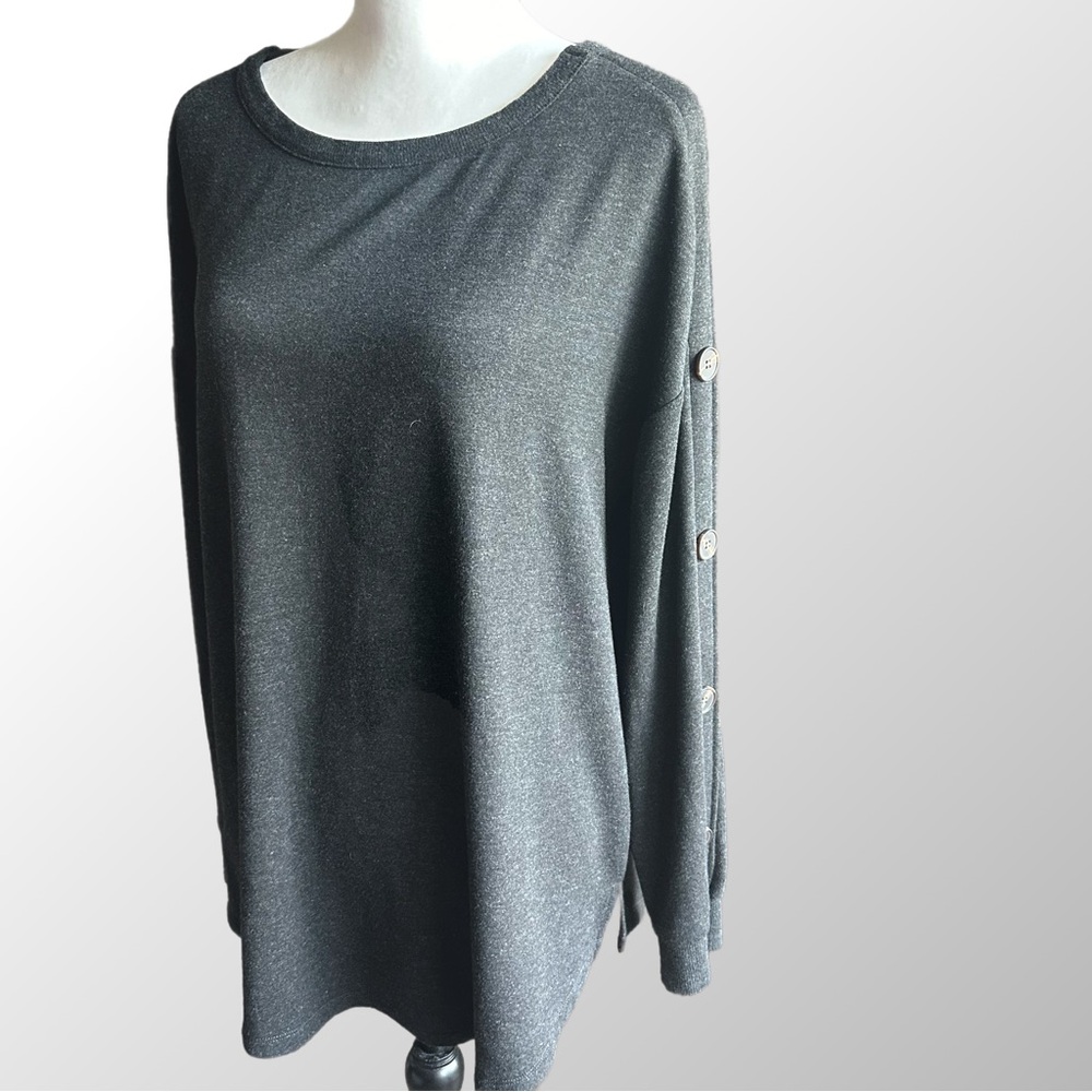 Soft Surroundings‎ Top Women XL Gray Button Sleeve Crew Neck Knit 2EV04